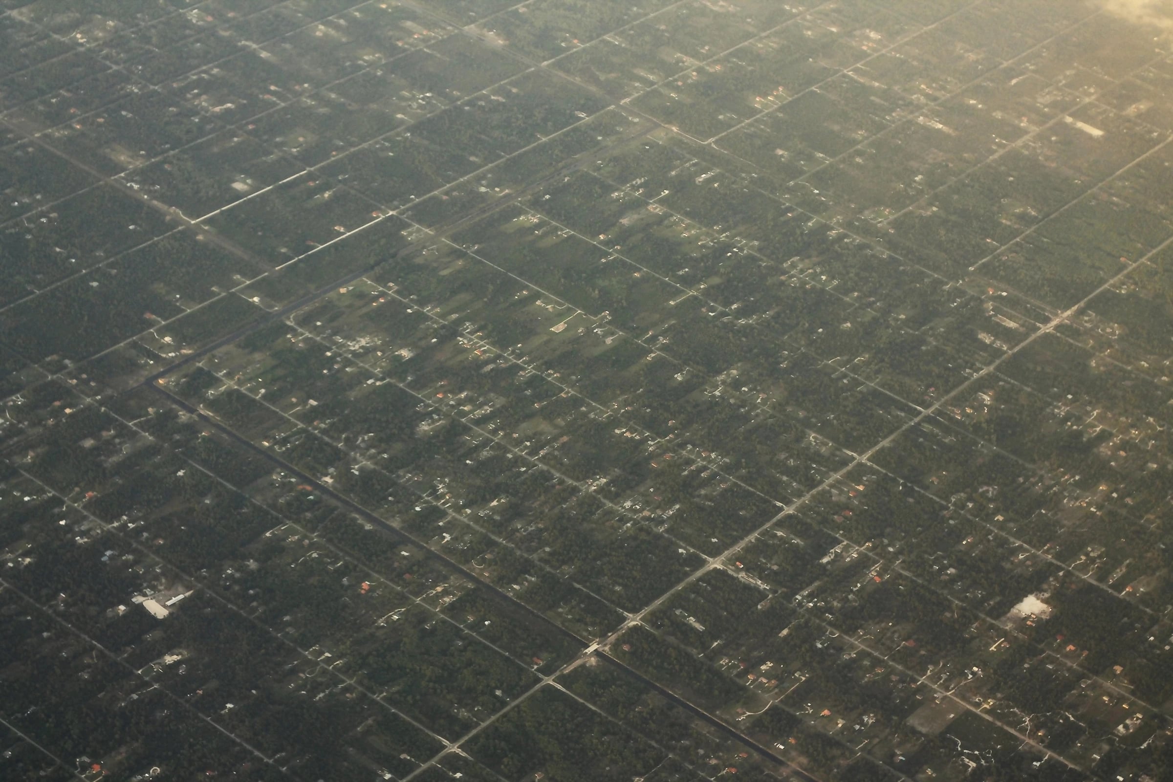Aerial view of wooded residential lots and roads in Golden Gate Estates