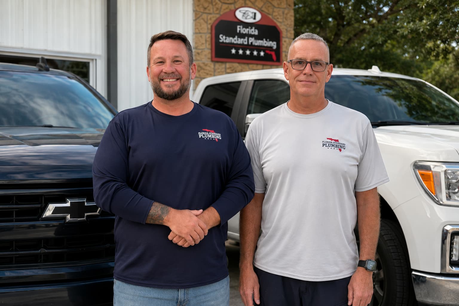Cory and Ryan, founders of Florida Standard Plumbing, outside their shop